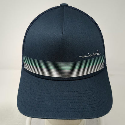 TravisMathew Trucker Hat Blue One Size Snapback Mesh Flexfit 110 Stripe Logo