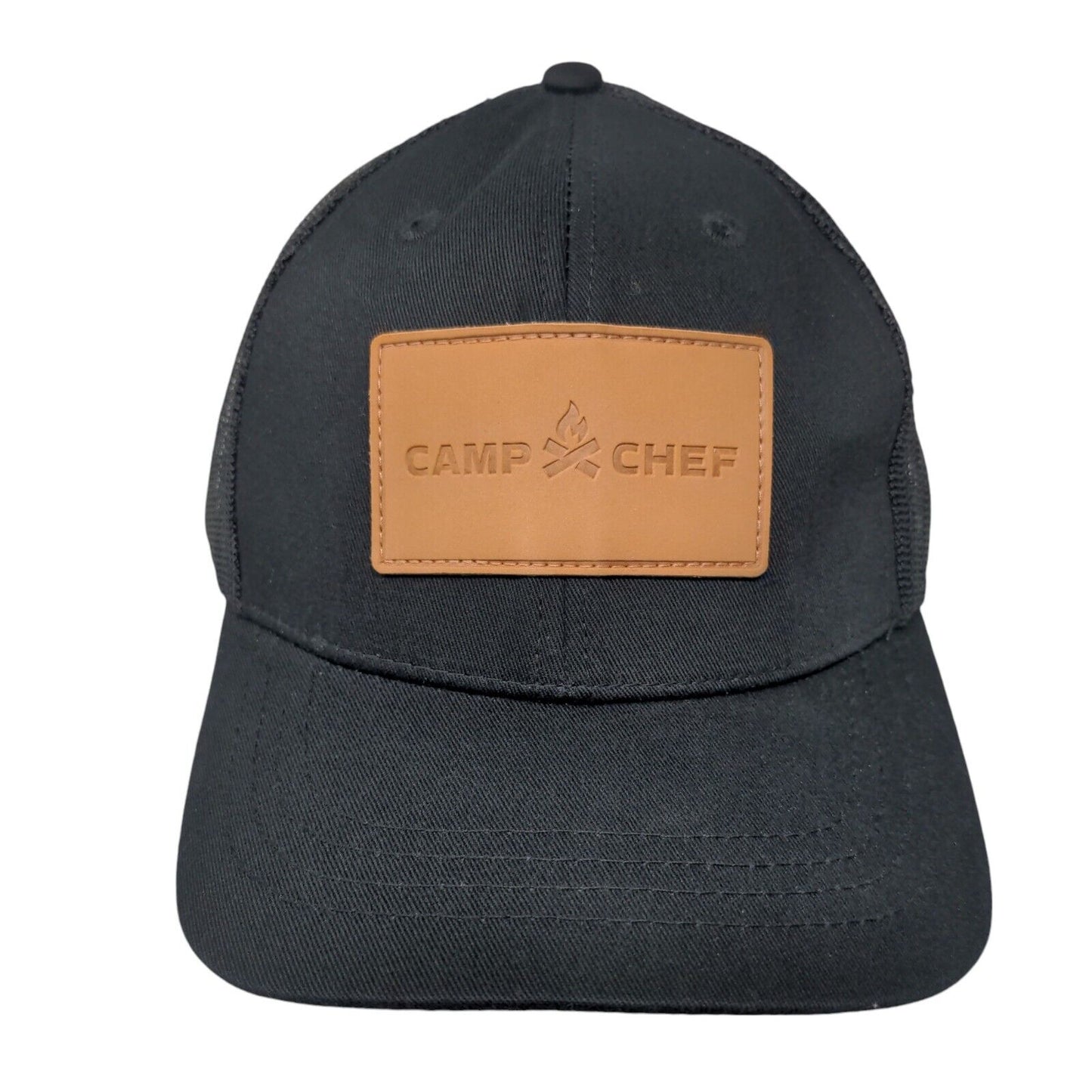Camp Chef Leather Patch Snapback Trucker Hat Black OSFA Mesh Back