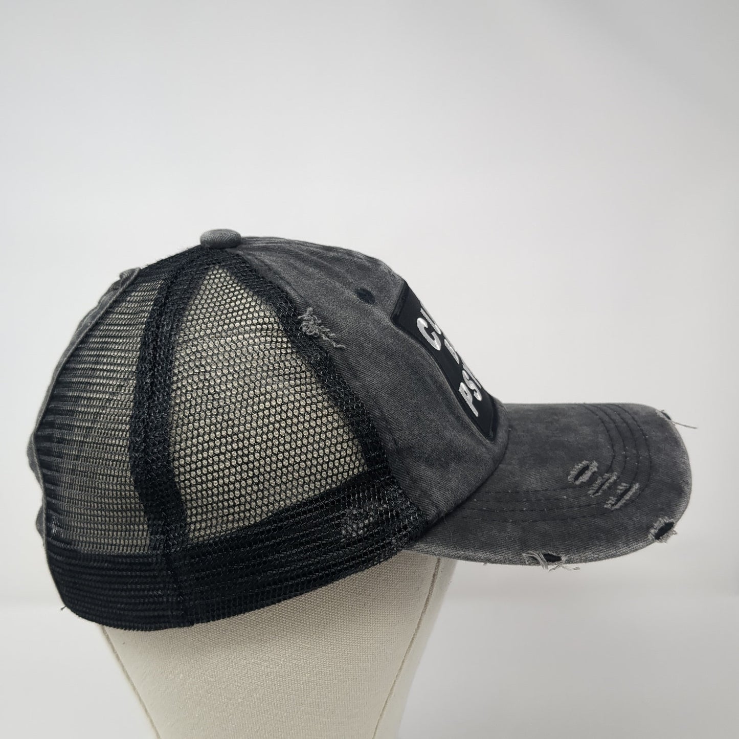 Cute But Pasycho Ponytail Trucker Hat Gray One Size Mesh Back Distressed