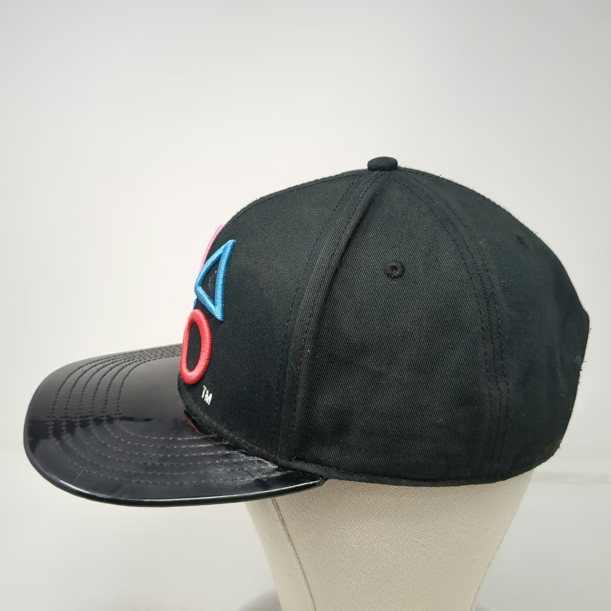 PlayStation Snapback Hat Black One Size Shiny Flat Brim Blue Underbrim Symbols