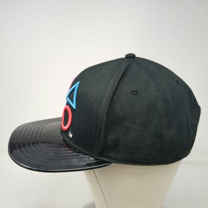 PlayStation Snapback Hat Black One Size Shiny Flat Brim Blue Underbrim Symbols