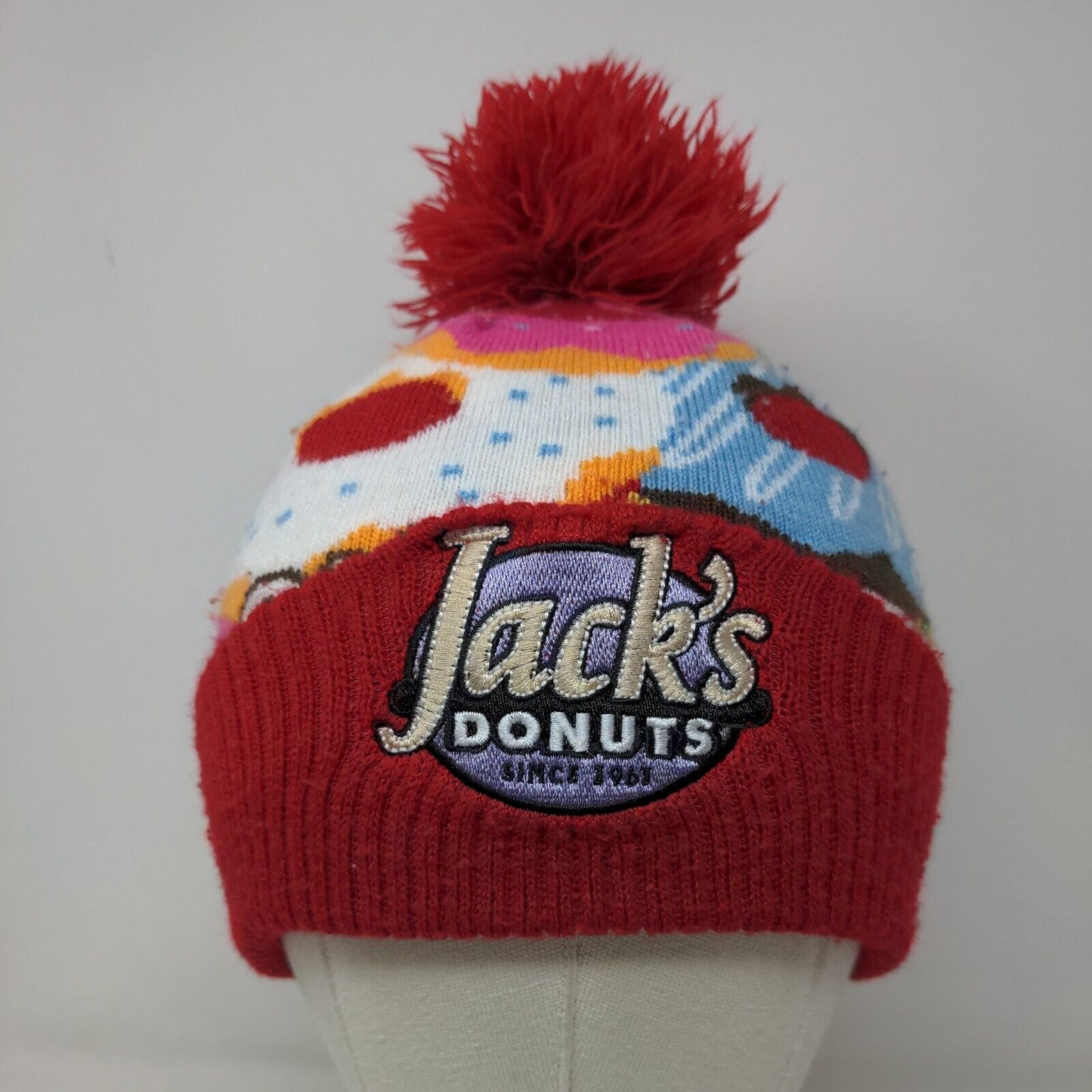 Jack's Donuts Men's Knit Beanie Hat Multicolor Embroidered Logo Pom Pom