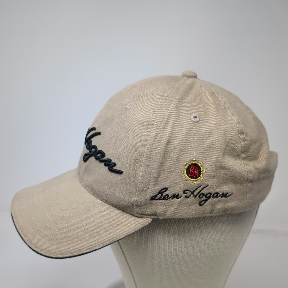 Ben Hogan Baseball Cap Beige Black OSFM Hat Script Embroidery Side Logo Buckle