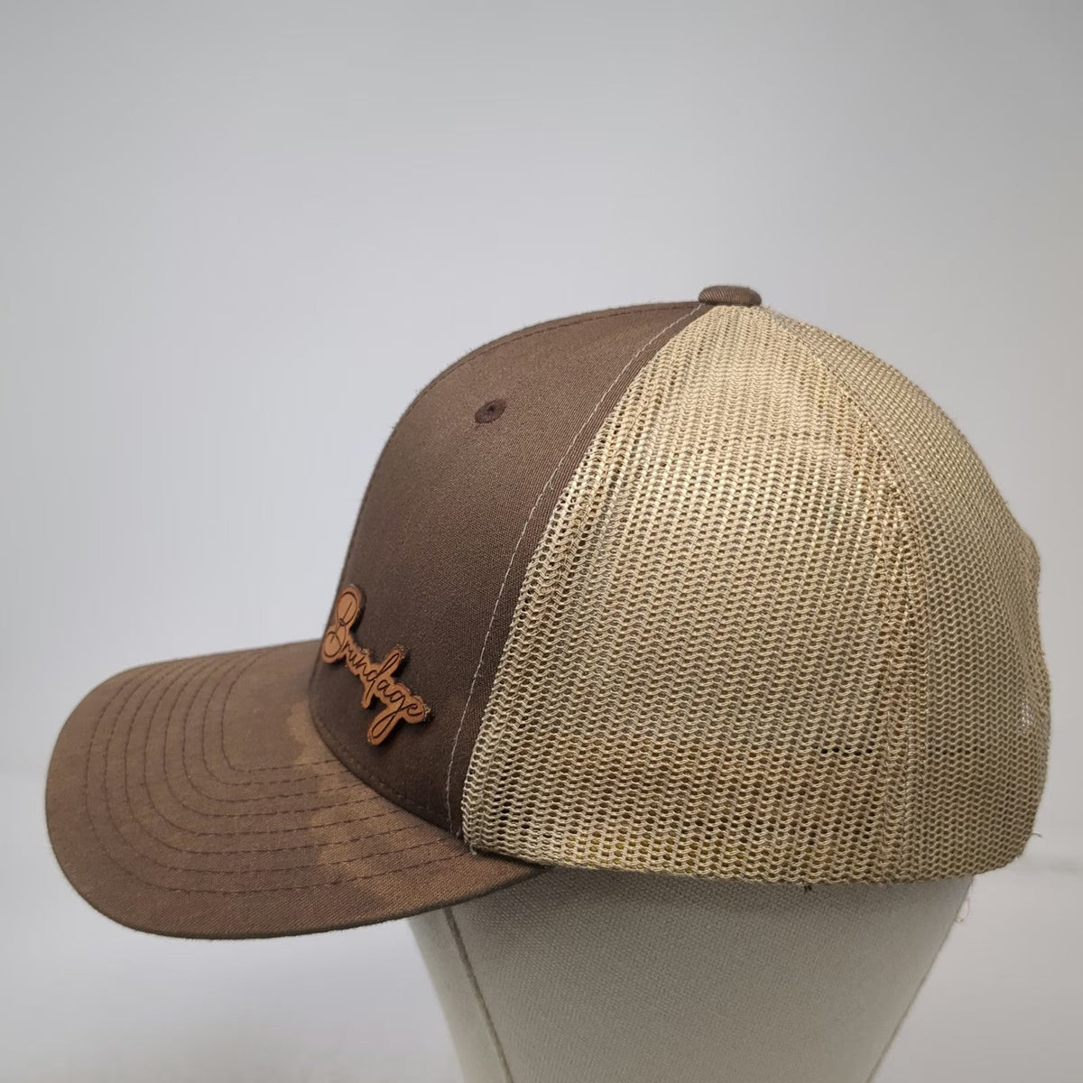 Yupoong Trucker Hat Brown One Size Brundage Leather Patch Mesh Back Snapback
