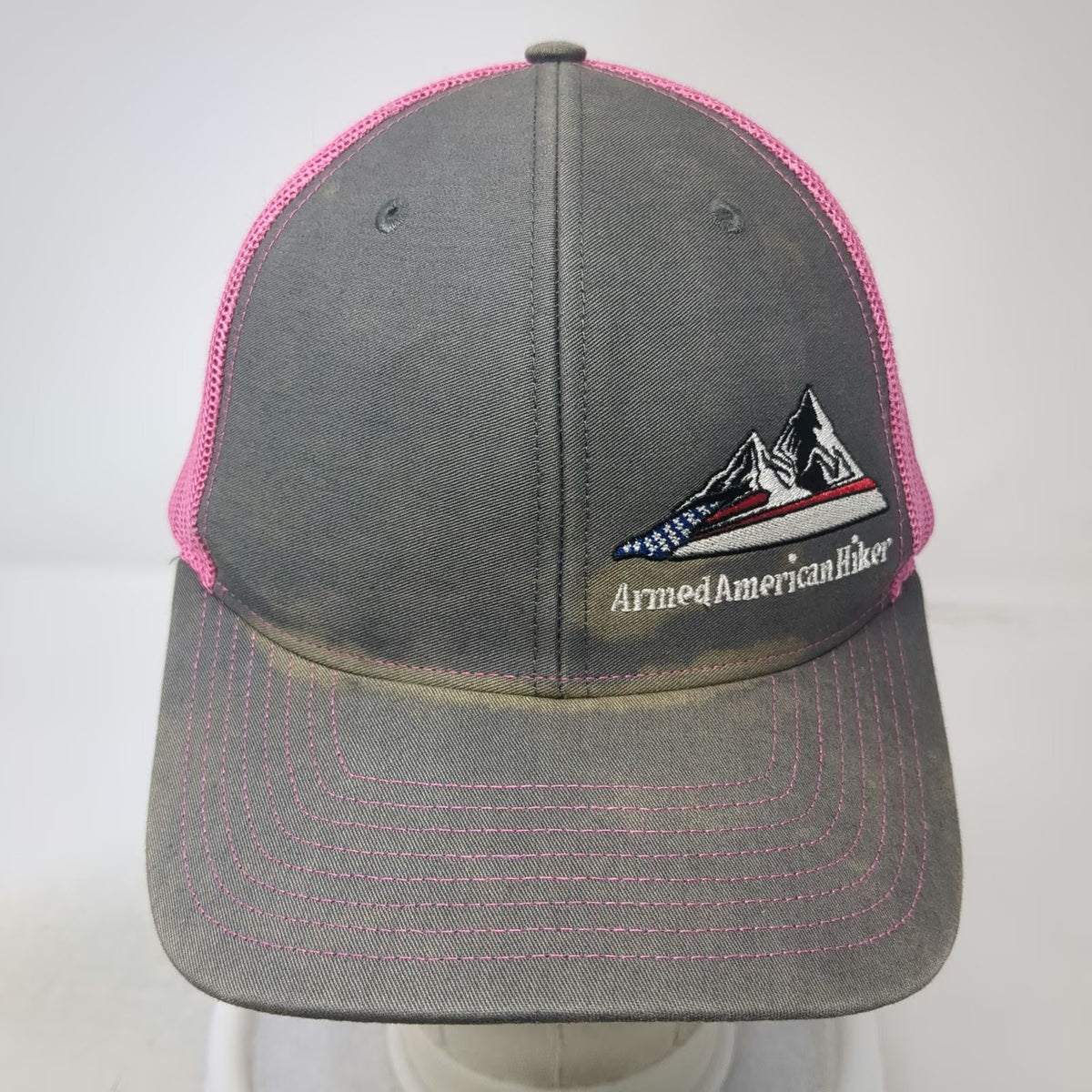 Richardson Trucker Hat Gray Pink One Size Mesh Snapback Mountain Flag Logo