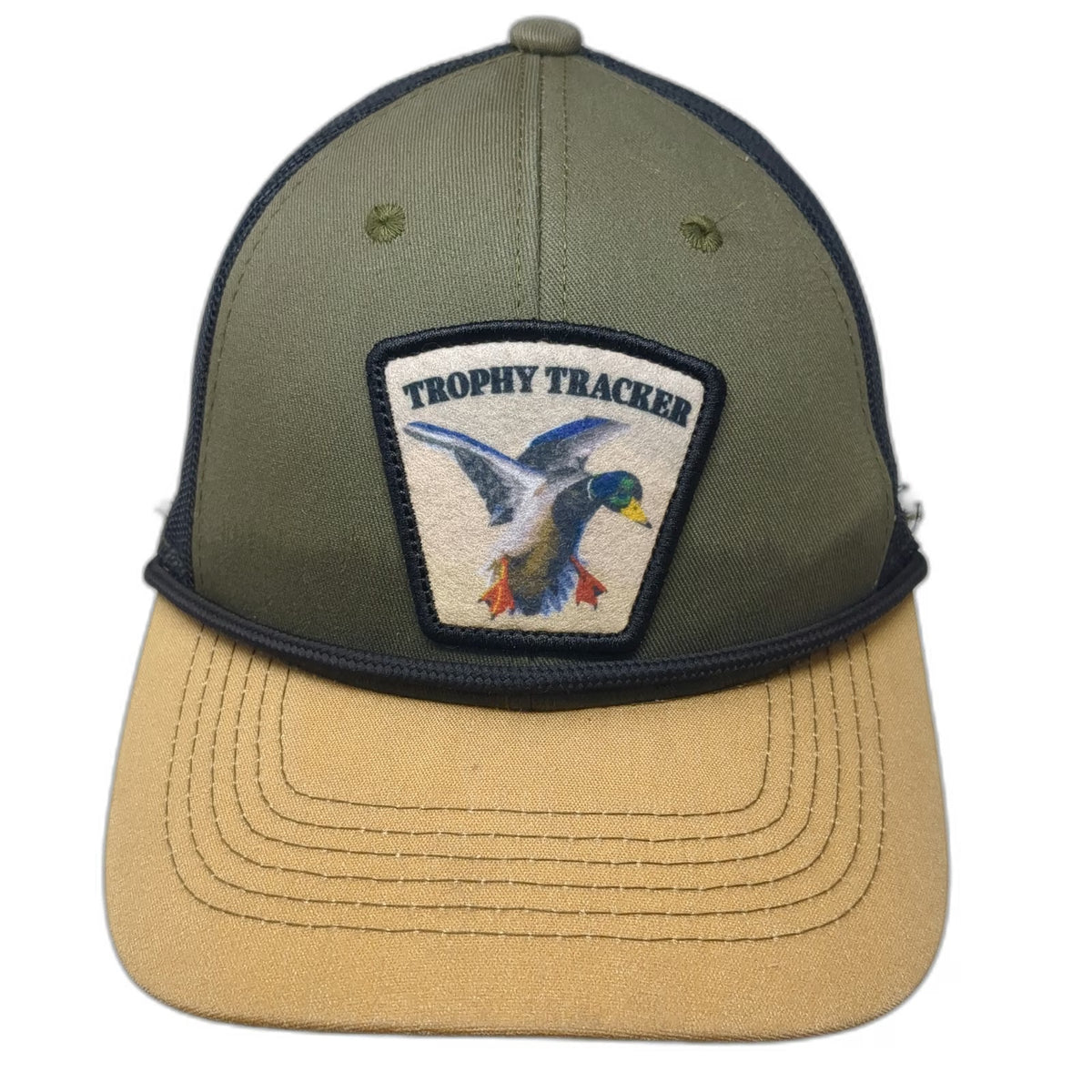 Trophy Tracker Trucker Hat Green Beige Black One Size Mallard Duck Patch Rope