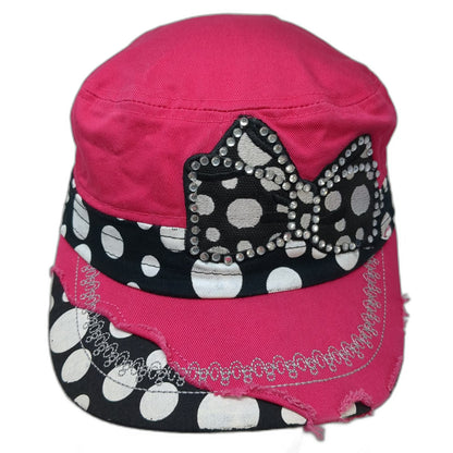 Kbethos Army Cap Pink OSFM Rhinestone Bow Polka Dot Distressed Cadet Hat Bling