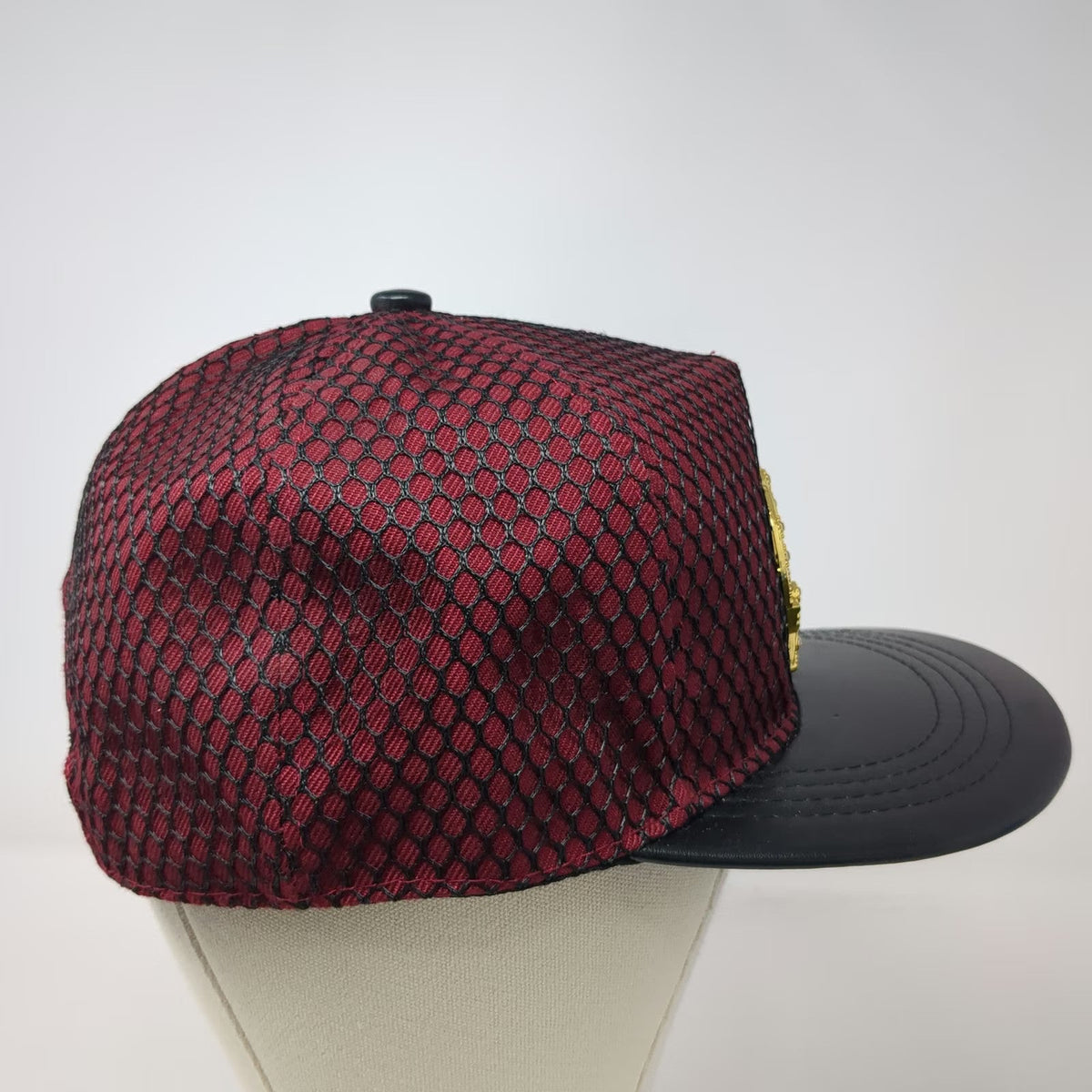 5 Panel Red Black Gold Hat One Size Rhinestone Crown Faux Leather Brim Snapback