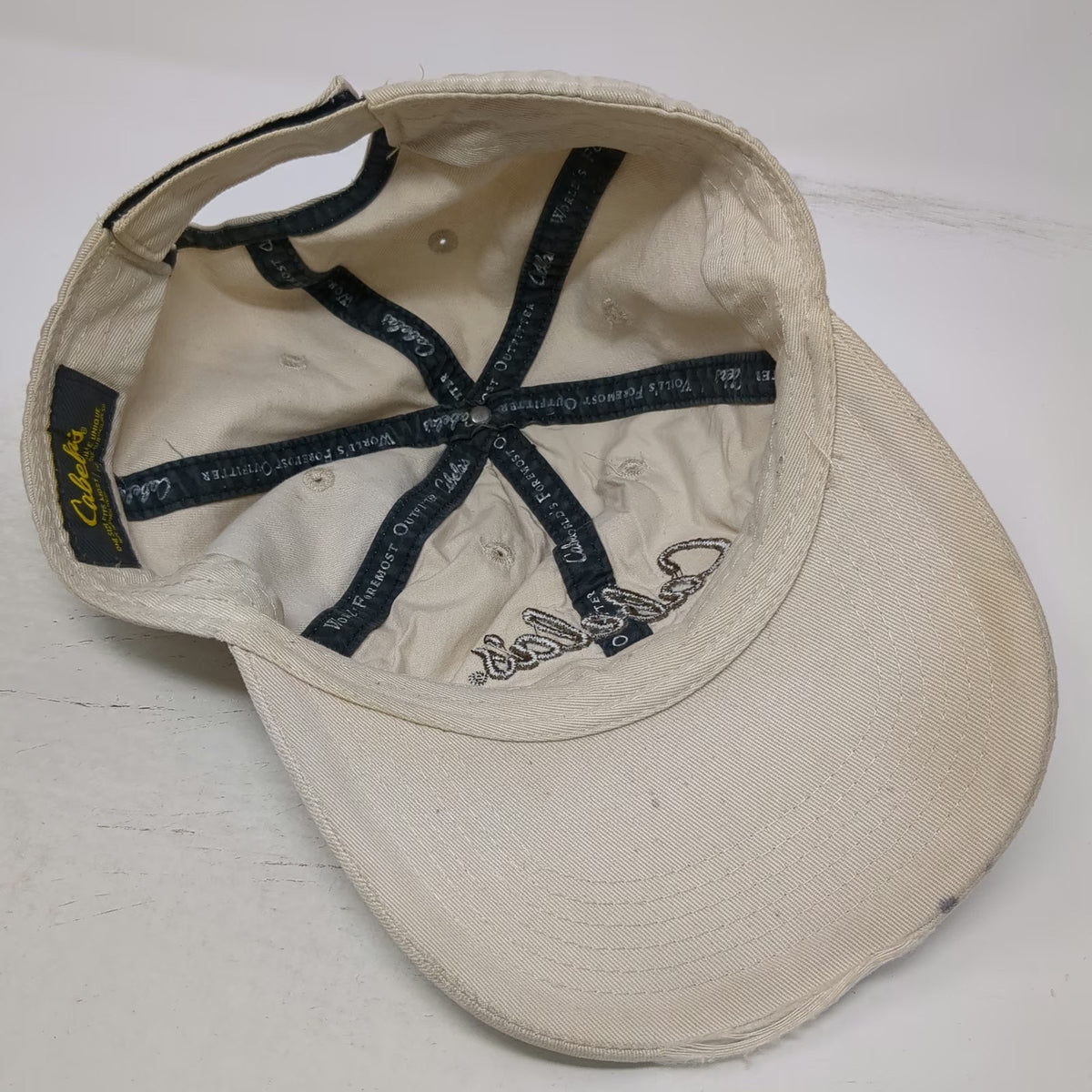 Cabela's Baseball Cap Beige One Size Distressed Embroidered Logo Strapback Hat