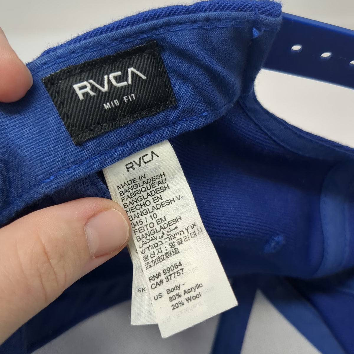 RVCA Snapback Hat Blue One Size White VA Logo Flat Brim Tan Underbrim Acrylic