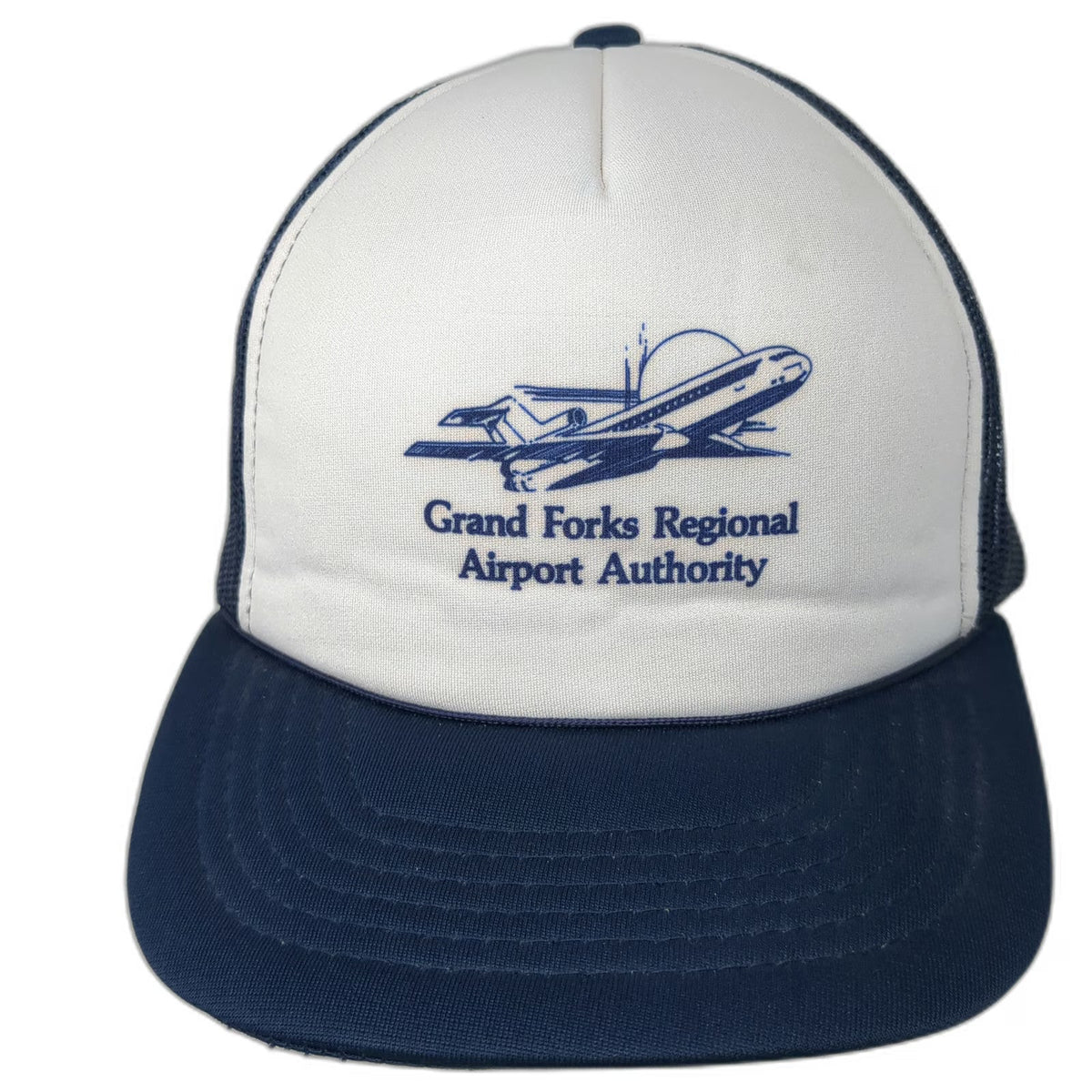 Yupoong Blue White Trucker Hat One Size Grand Forks Regional Airport Plane Mesh