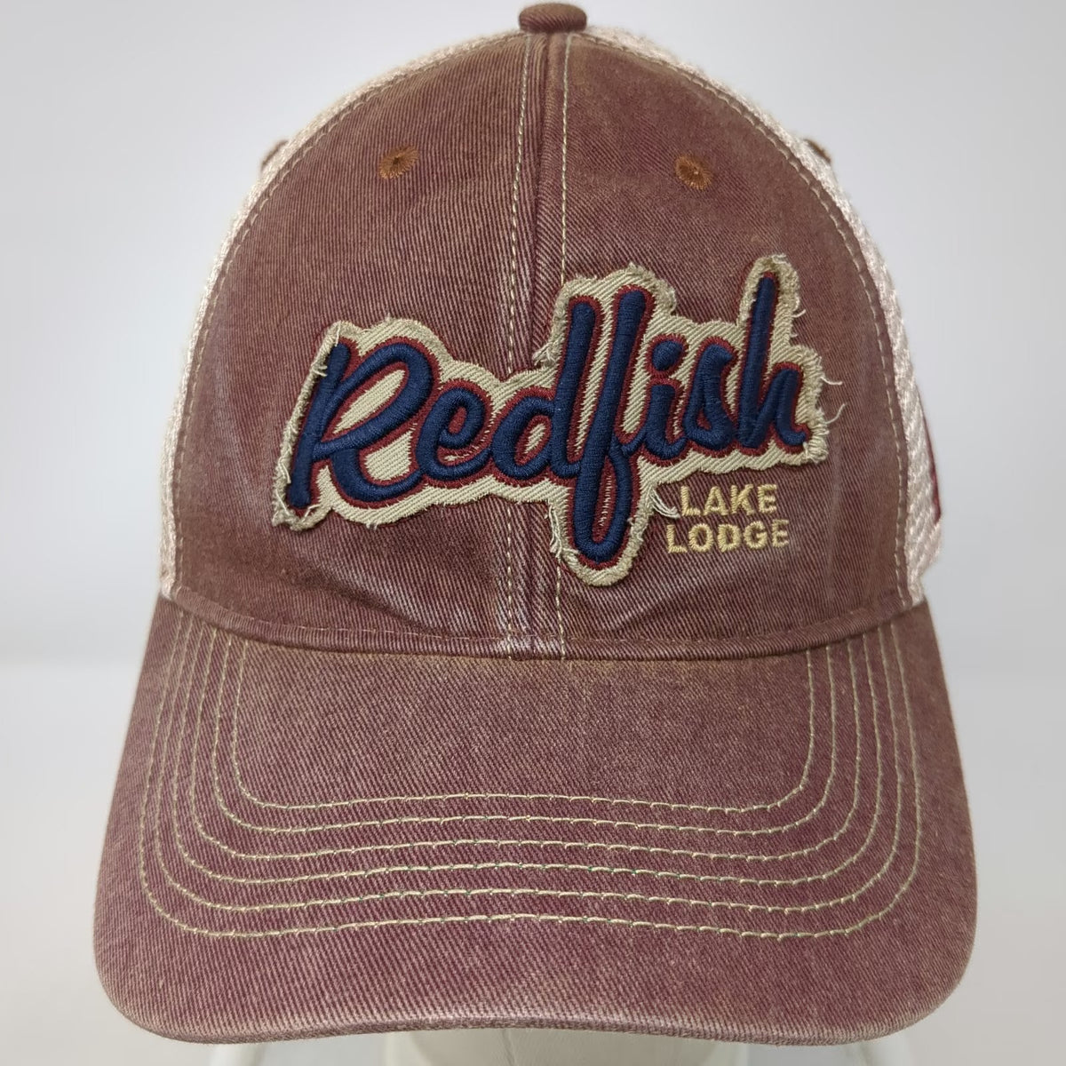 Legacy Trucker Hat Red Beige Blue One Size Idaho State Redfish Lake Lodge Mesh