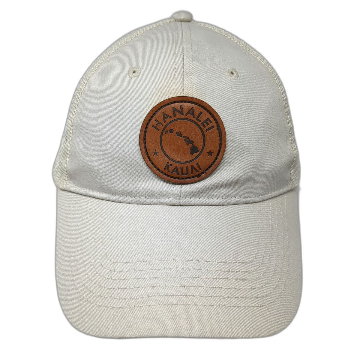 Trucker Hat Beige One Size Snapback Mesh Back Hawaii Hanalei Kauai Leather Patch