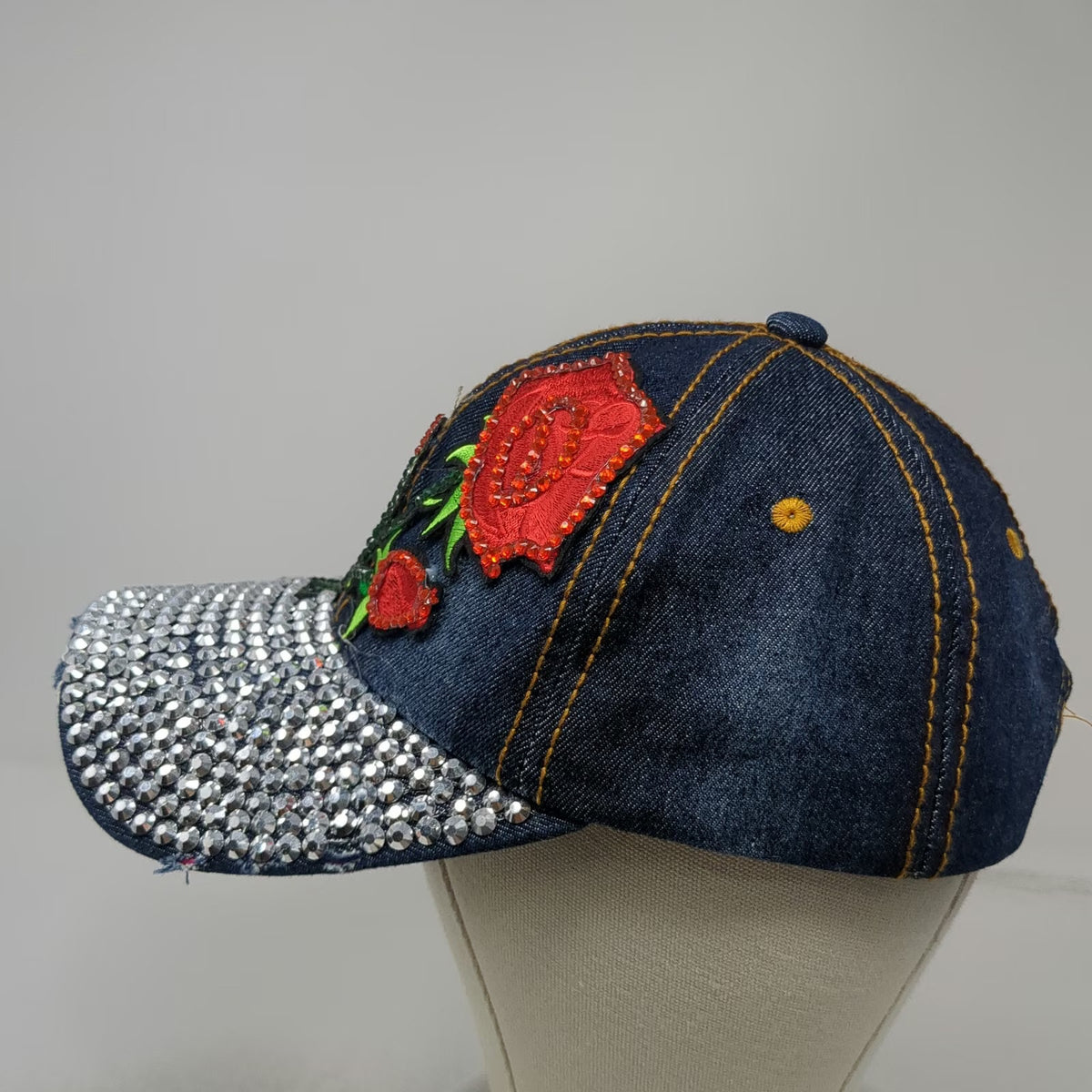 Baseball Cap Blue One Size Rhinestone Brim Rose Embroidery Denim Slideback Hat