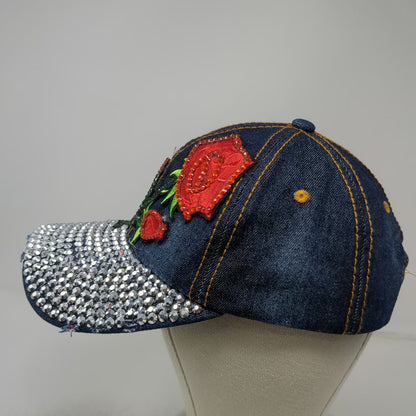 Baseball Cap Blue One Size Rhinestone Brim Rose Embroidery Denim Slideback Hat