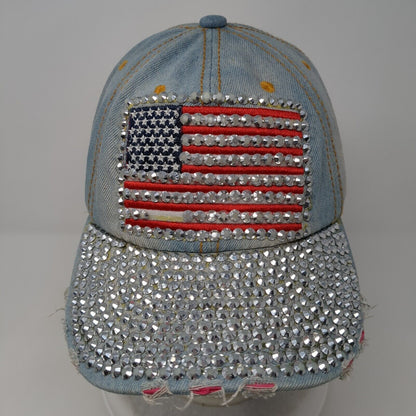 USA Flag Bling Slideback Hat Blue One Size Denim Leather Strap Rhinestone