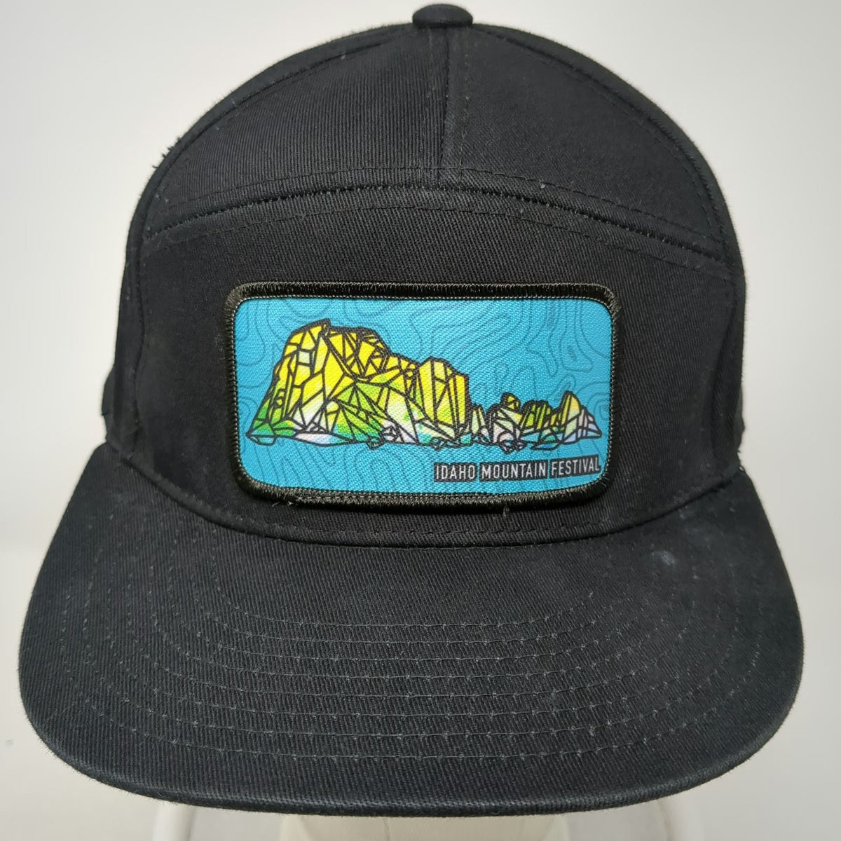 Decky 5 Panel Black Hat One Size Idaho Mountain Festival Patch Flat Brim Cap