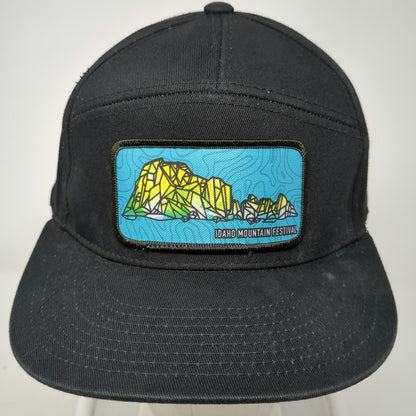 Decky 5 Panel Black Hat One Size Idaho Mountain Festival Patch Flat Brim Cap