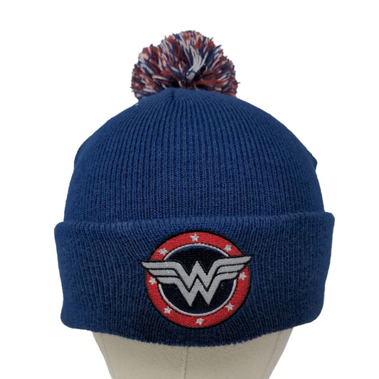 Wonder Woman Women's Knit Beanie Hat Embroidered Logo Pom Pom