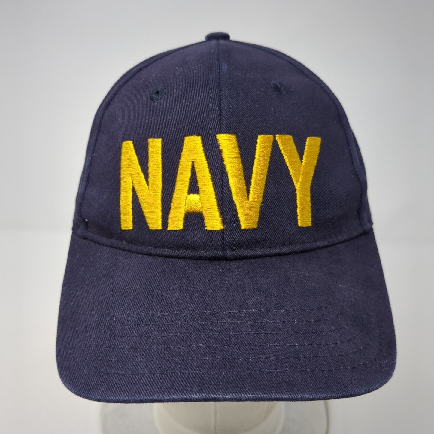 NAVY Strapback Hat Blue One Size Adjustable Embroidered Vented Holes 6 Panel
