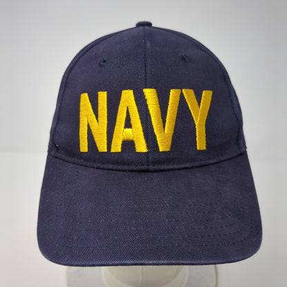 NAVY Strapback Hat Blue One Size Adjustable Embroidered Vented Holes 6 Panel