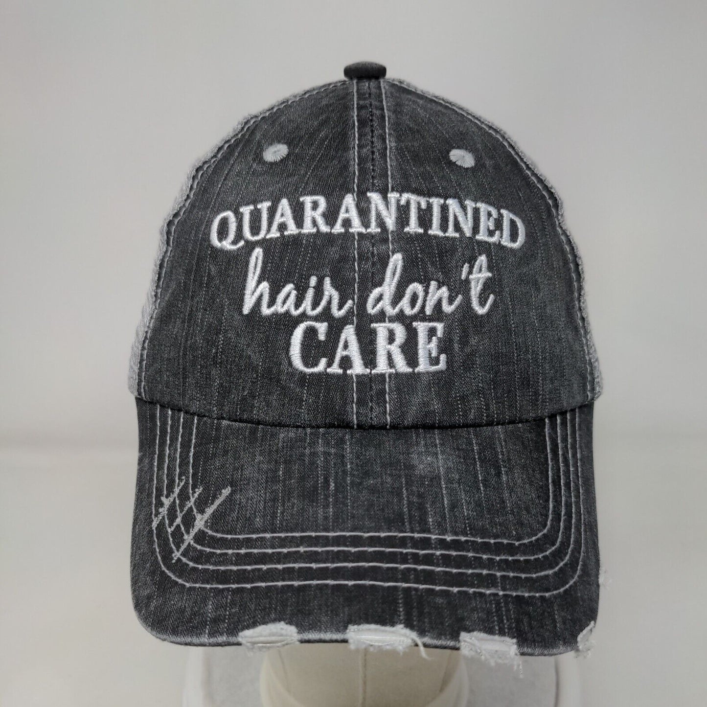 Quarantined Hair Don't Care Strapback Trucker Hat Gray OS Distressed Katydid