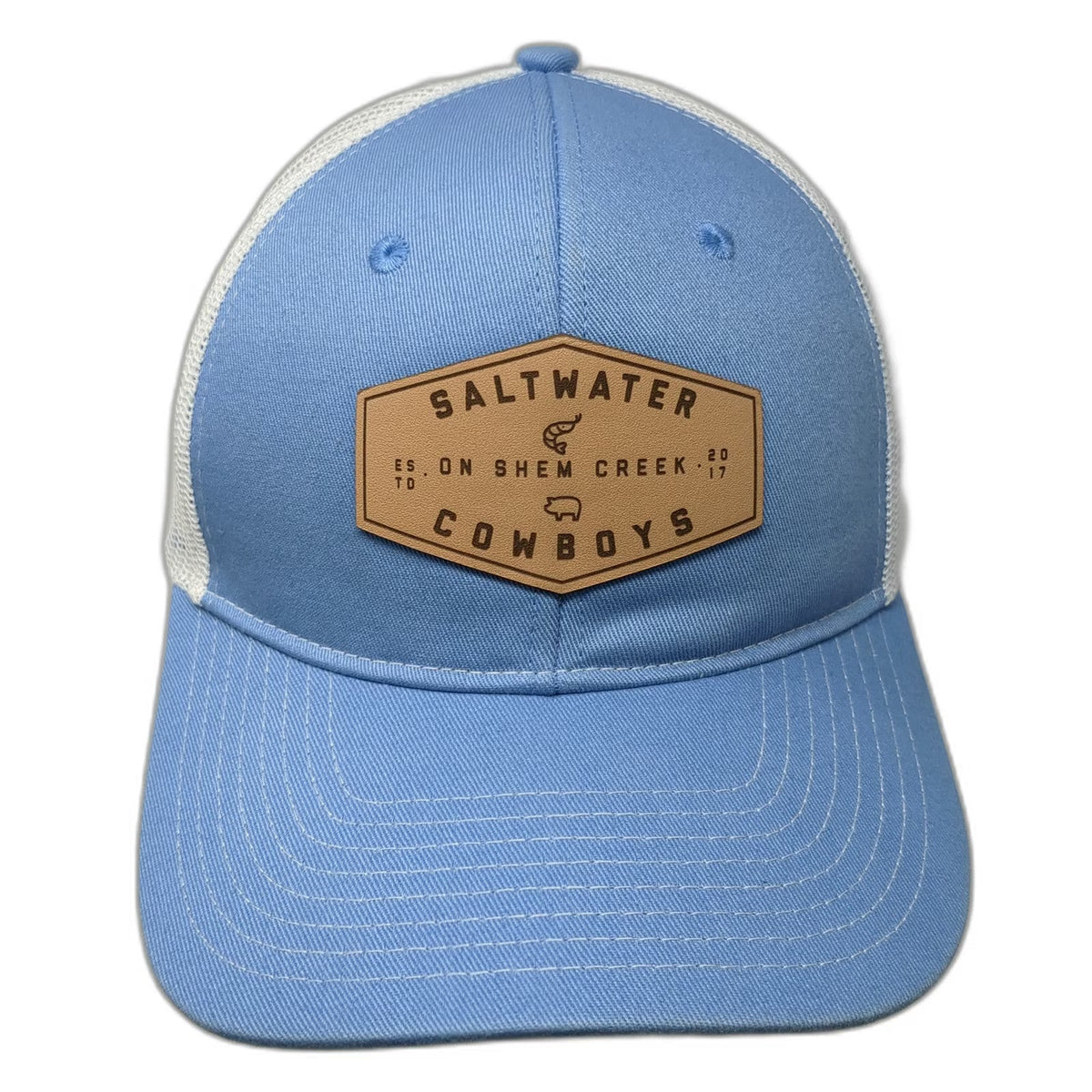 Port Authority Trucker Hat Blue White One Size Saltwater Cowboys Leather Patch
