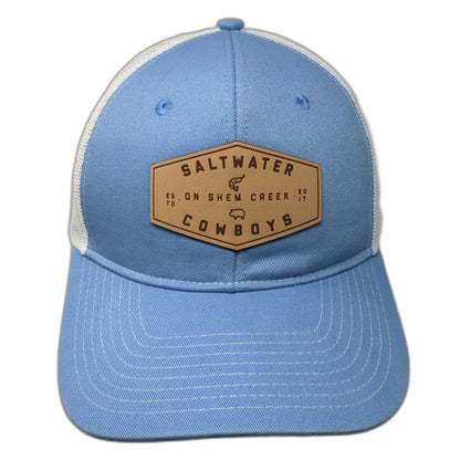 Port Authority Trucker Hat Blue White One Size Saltwater Cowboys Leather Patch