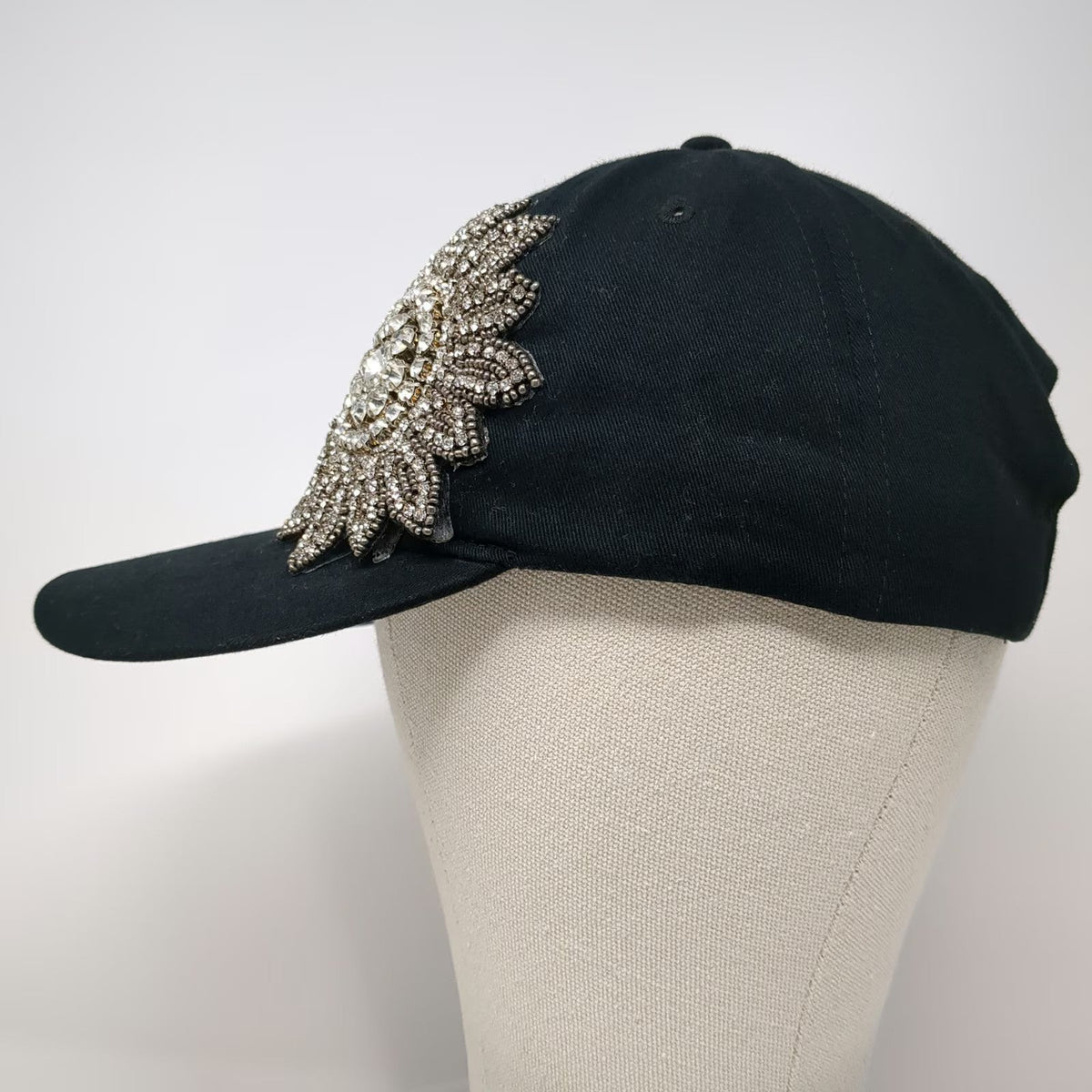 H&M Baseball Cap Black One Size Jeweled Flower Rhinestone Beaded Slideback Hat