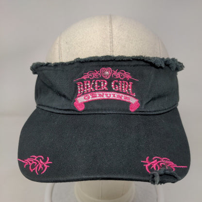 Biker Girl Genuine Strapback Sun Visor Black OS Embroidered Distressed Frayed