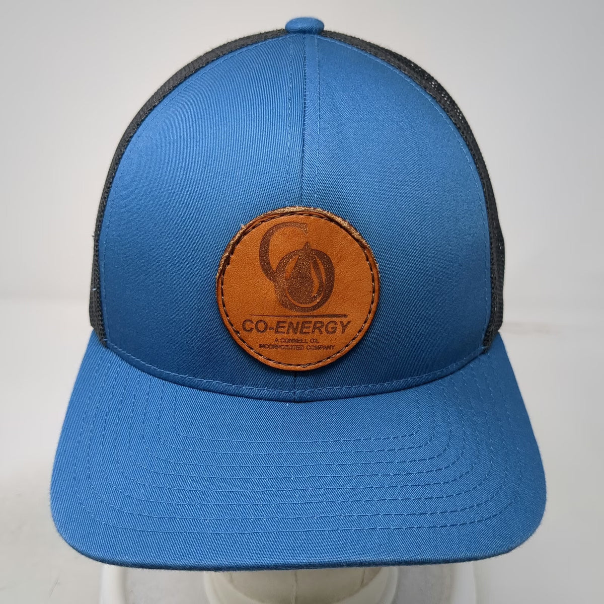 Pacific Headwear Trucker Hat Blue One Size Co-Energy Leather Patch Mesh Snapback