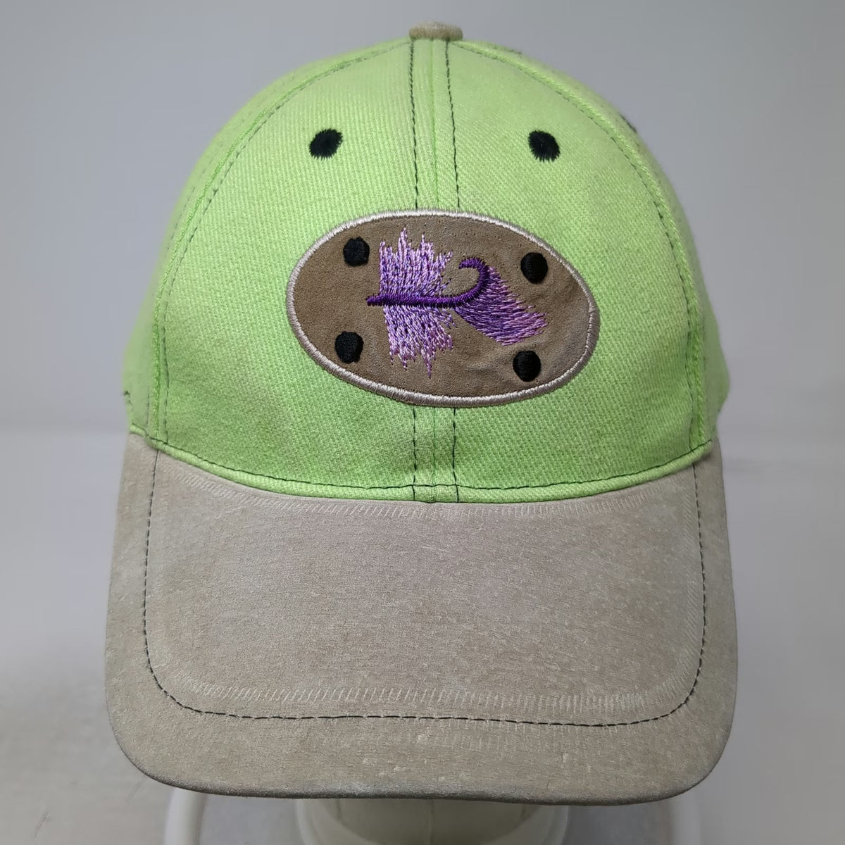 Baseball Cap Green One Size Purple Fishing Fly Lure Slideback Tan Contrast Hat