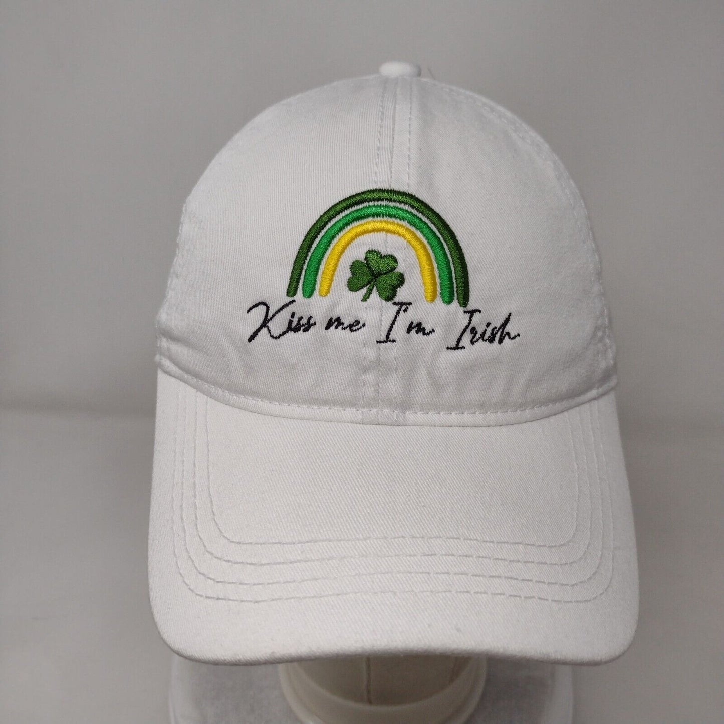 Kiss Me I'm Irish Slideback Hat White OSFM Embroidered Clover David and Young