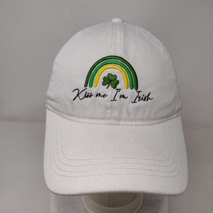 Kiss Me I'm Irish Slideback Hat White OSFM Embroidered Clover David and Young