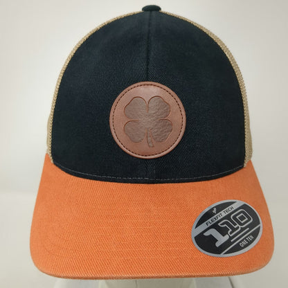 Black Clover Trucker Hat Black Orange One Size Leather Patch Live Lucky