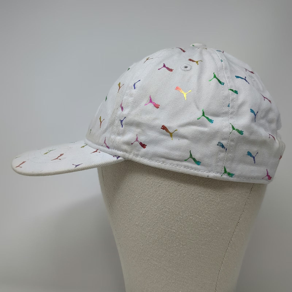 Puma Baseball Cap White One Size Iridescent Rainbow Mini Logo Print Hat Buckle