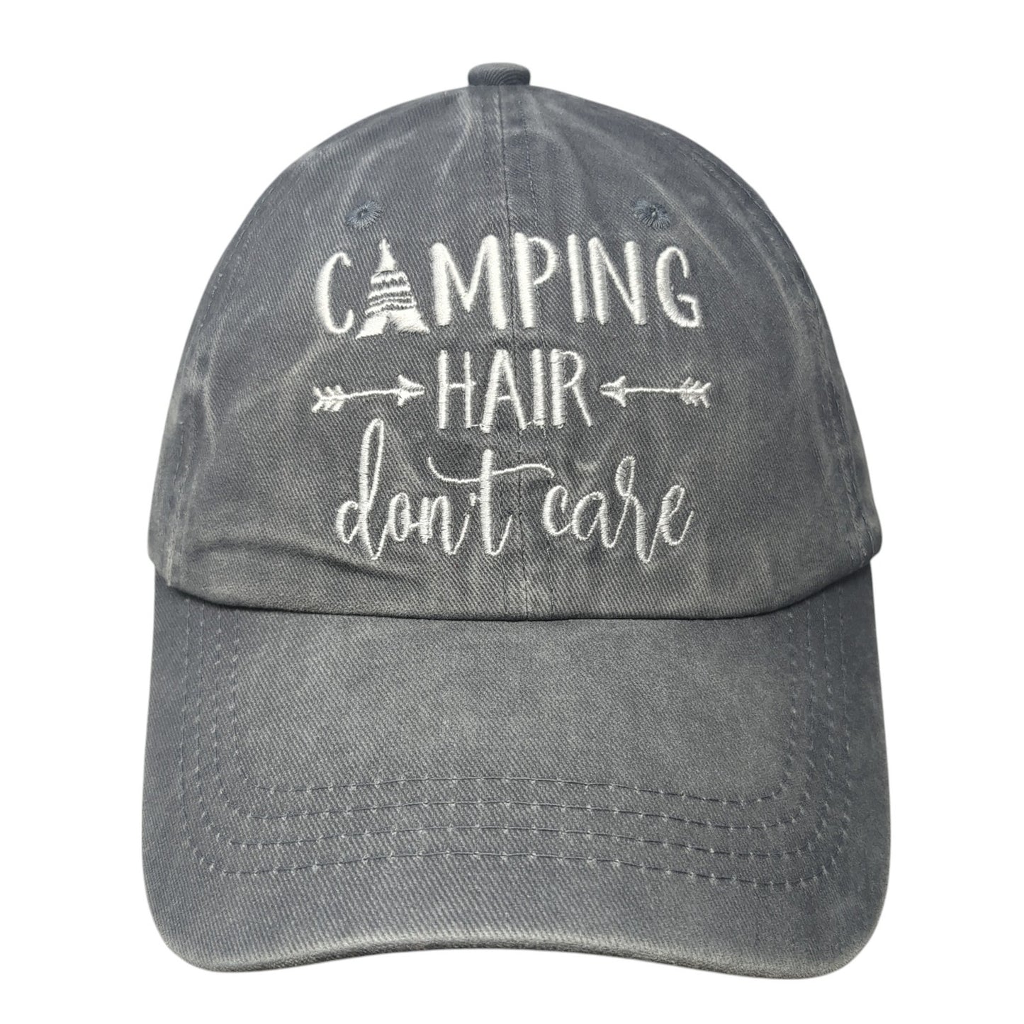 Camping Hair Don't Care Slideback Hat Gray One Size Embroidered Ponytail