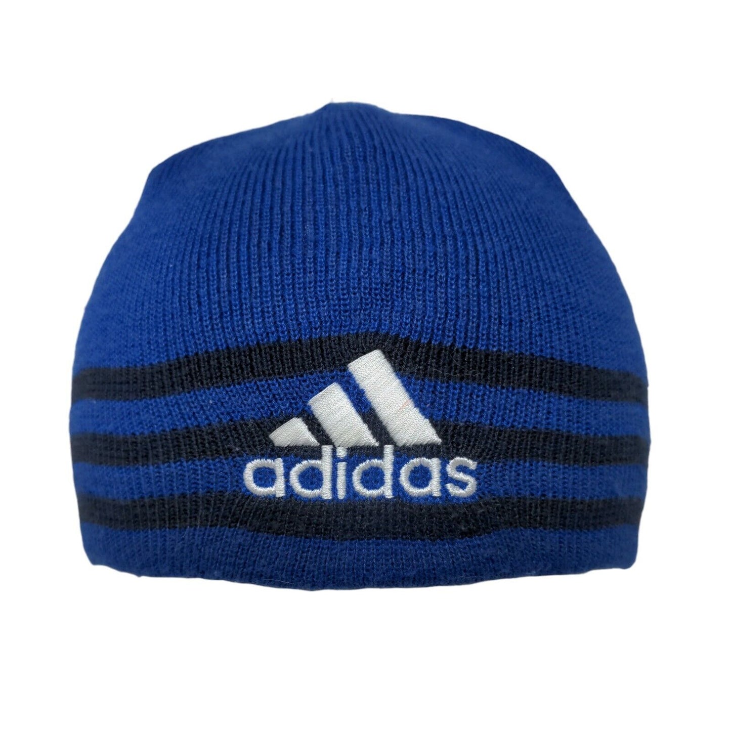 Adidas Beanie Hat Blue One Size Stretch Knitted 3 Stripes Embroidered Logo