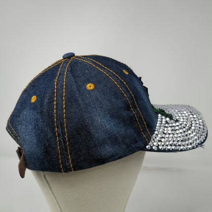 Baseball Cap Blue One Size Rhinestone Brim Rose Embroidery Denim Slideback Hat
