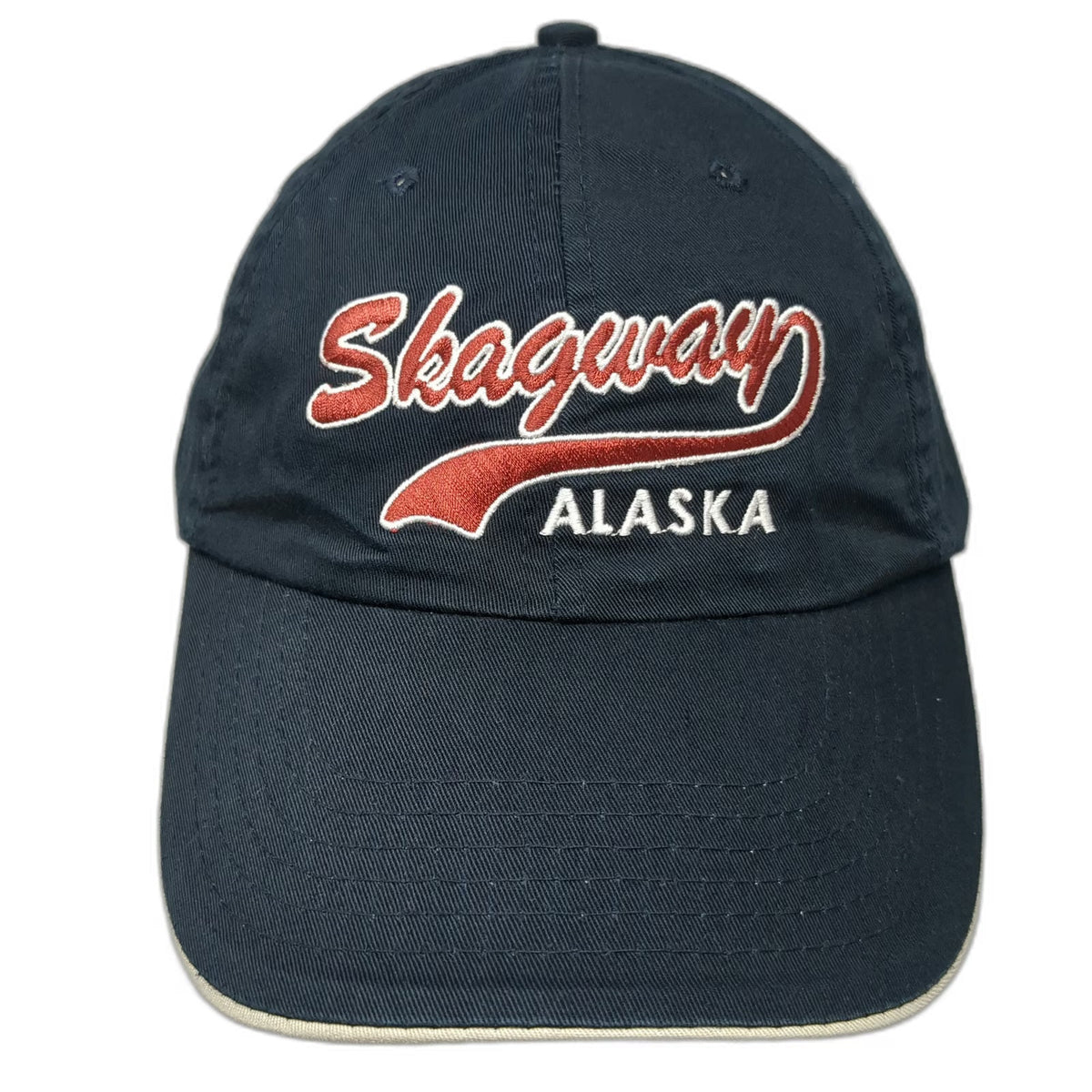 Alaska To Go! Baseball Cap Blue One Size Skagway Script Embroidery Slideback Hat