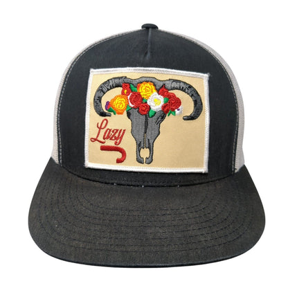 Lazy J Bull Skull Flower Snapback Trucker Hat Black One Size Mesh Back