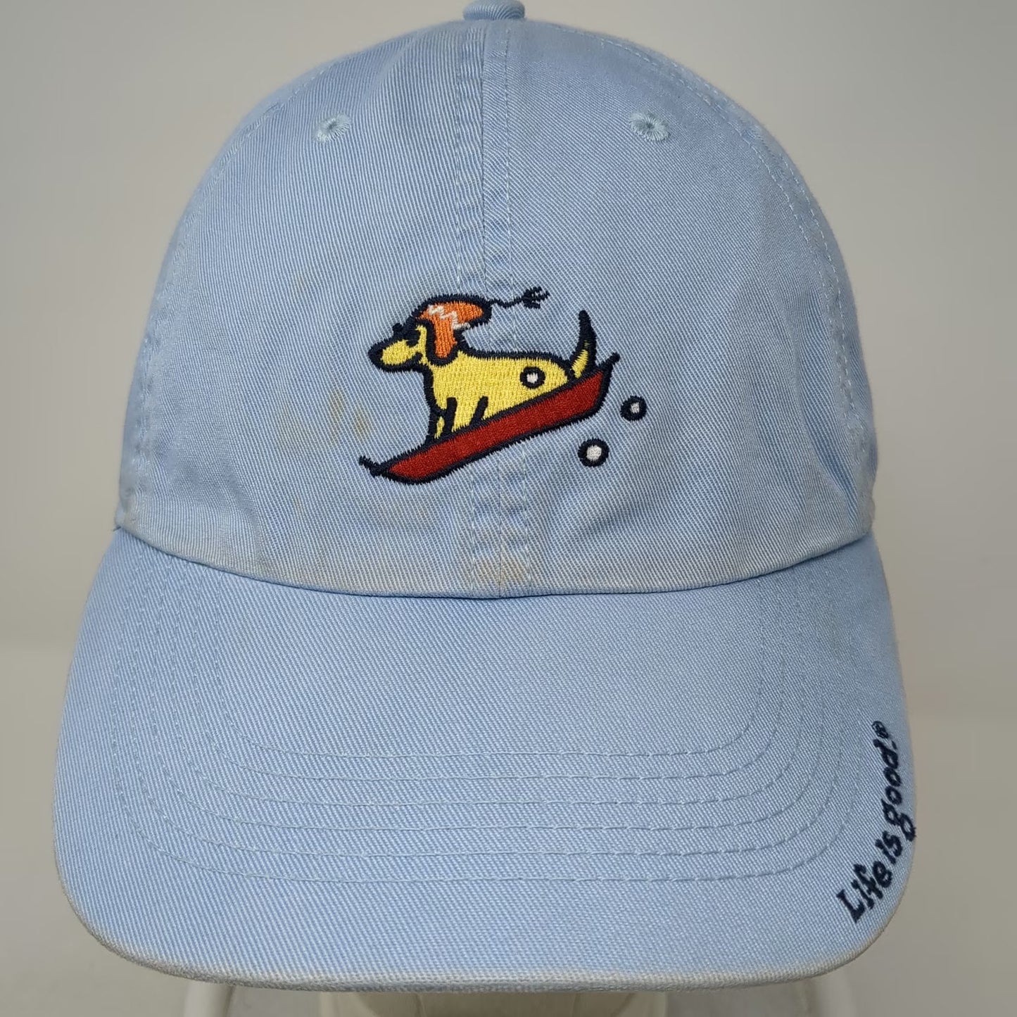 Life is Good Baseball Cap Blue One Size Dog Surfing Embroidered Slideback Hat