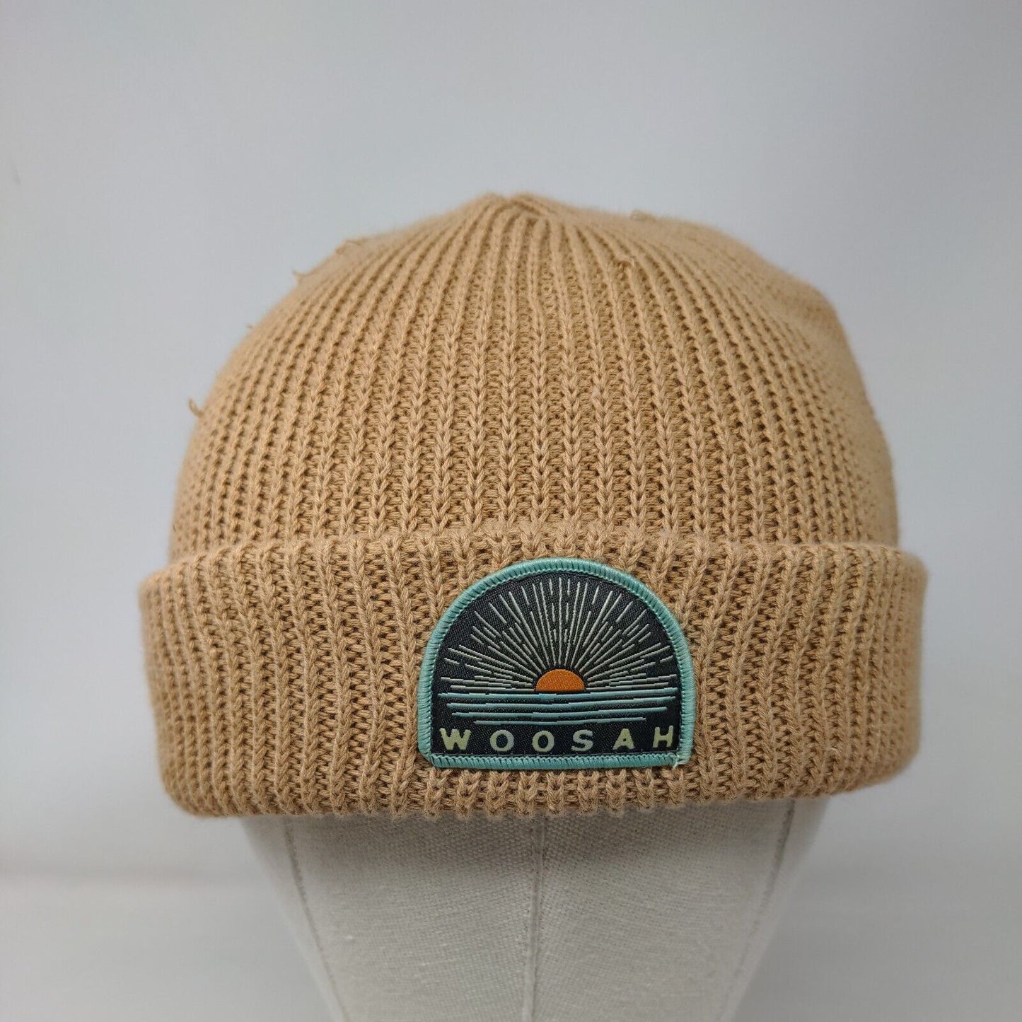 Woo Sah Beanie Hat Tan One Size Knitted Stretch Patch Logo Solid