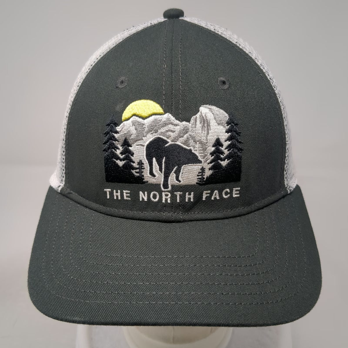 The North Face Trucker Hat Gray White One Size Bear Mountain Snapback Mesh Back