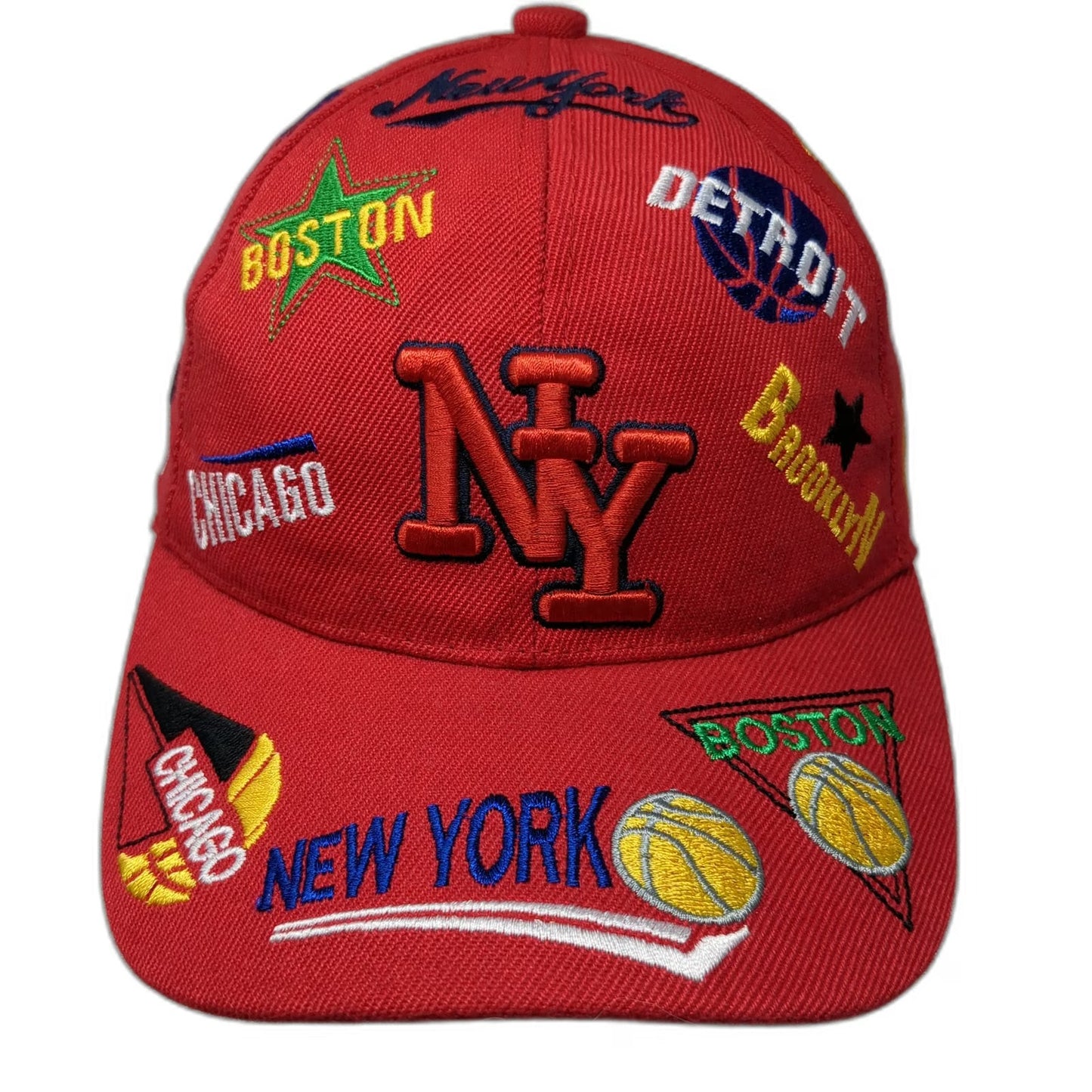 Red Baseball Cap One Size Multi-City Basketball Embroidery Strapback NY Chicago