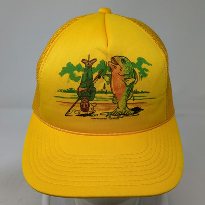 Designer Award Trucker Hat Yellow M Fishing Bass Humorous 1988 Graphic Vintage
