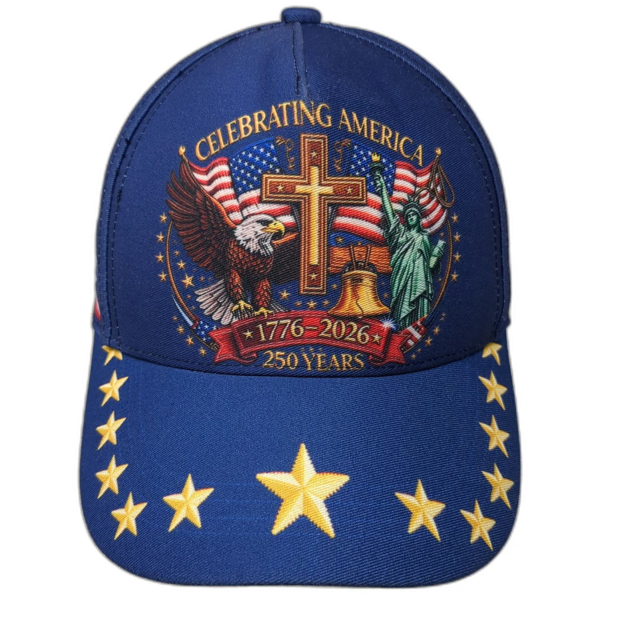 5 Panel Blue Hat One Size USA 250th Anniversary Patriotic Stars Side Flags