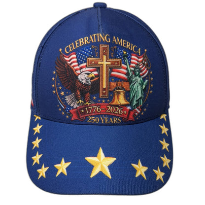 5 Panel Blue Hat One Size USA 250th Anniversary Patriotic Stars Side Flags