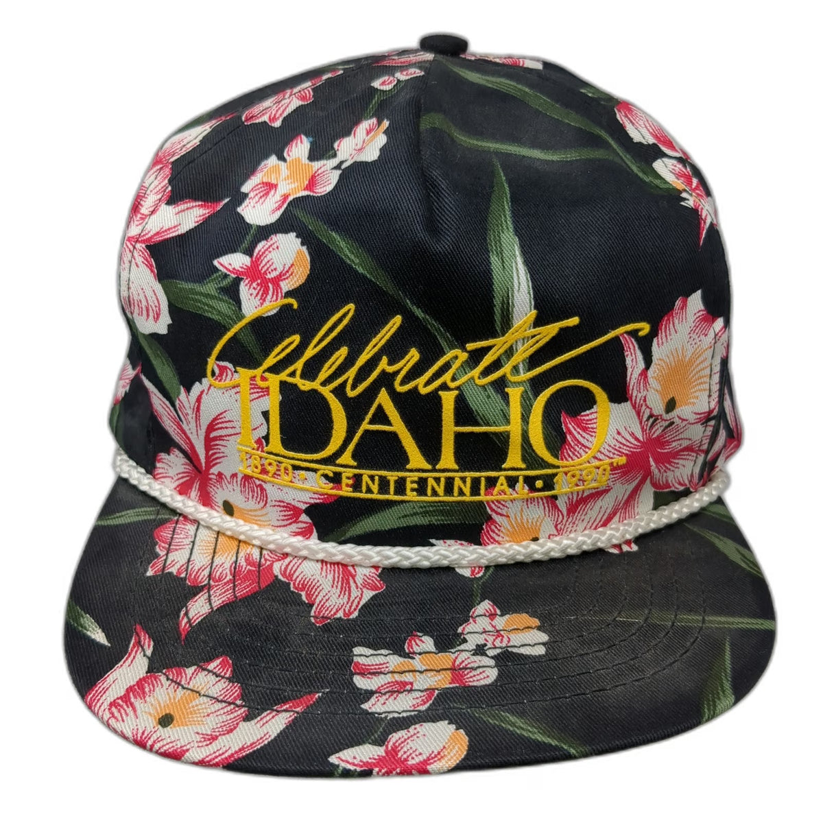 San Sun Trucker Black Floral Idaho Centennial Rope Snapback Hat Vintage
