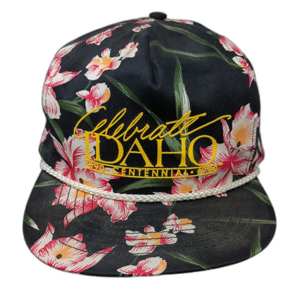 San Sun Trucker Black Floral Idaho Centennial Rope Snapback Hat Vintage